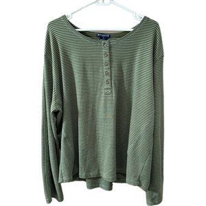 Architect Woman Size 2X Green Brown Striped Henley w/Lace Trim Sleeve